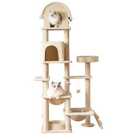 キャットタワー 猫タワー ネコタワー 多頭飼い対応 高さ174cm 宇宙船 隠れ家 2段猫ベッド ステップ＆はしご 爪とぎポール おもちゃ4個付き おしゃれ 大型猫 子猫 お手入れ簡単