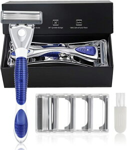 髭剃り シェーバー メンズ T字 6枚刃 深剃り 水洗い/お風呂剃り可 本体 替刃2個付 カミソリ 剃刀 (ブルー) 父の日 プレゼント ギフト