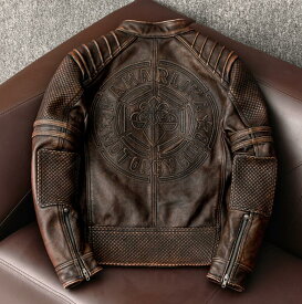 新品　ハレーバイクレザージャケット 上品　本革 高級　牛革　ユーズド加工ライダースジャケット 革ジャン S～5XL　秋冬　ブラウン