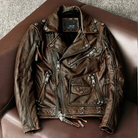 ハレーバイクレザージャケット 上品　本革 高級　牛革　ユーズド加工ライダースジャケット 革ジャン S～5XL　秋冬　ブラウン