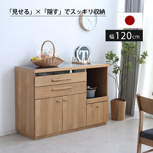 レンジ台 キッチンカウンター カウンター キッチン収納 間仕切り 120cm幅 完成品 ロータイプ 木製 天然木 大容量収納 フルオープンレール付き 食器収納 キッチン家電収納 収納家具 ナチュラ