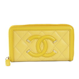 CHANEL シャネル 財布 スモールウォレット キャビアスキン イエロー ゴールド金具 A84446【送料無料】【中古】【D2116】