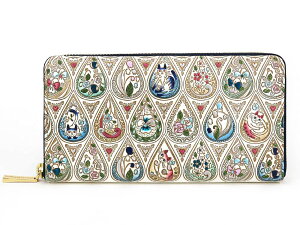 【可愛い皮革伝統工芸 文庫屋「大関」】花と猫<インディゴ> ぐるっとファスナーの長財布