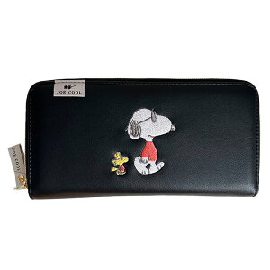 長財布 スヌーピー ジョークール 財布 ロングウォレット ラウンドファスナー SNOOPY おしゃれ キャラクター レディース メンズ PEANUT 刺繍 シンプル モノトーン JOE COOL ウッドストック ブラック