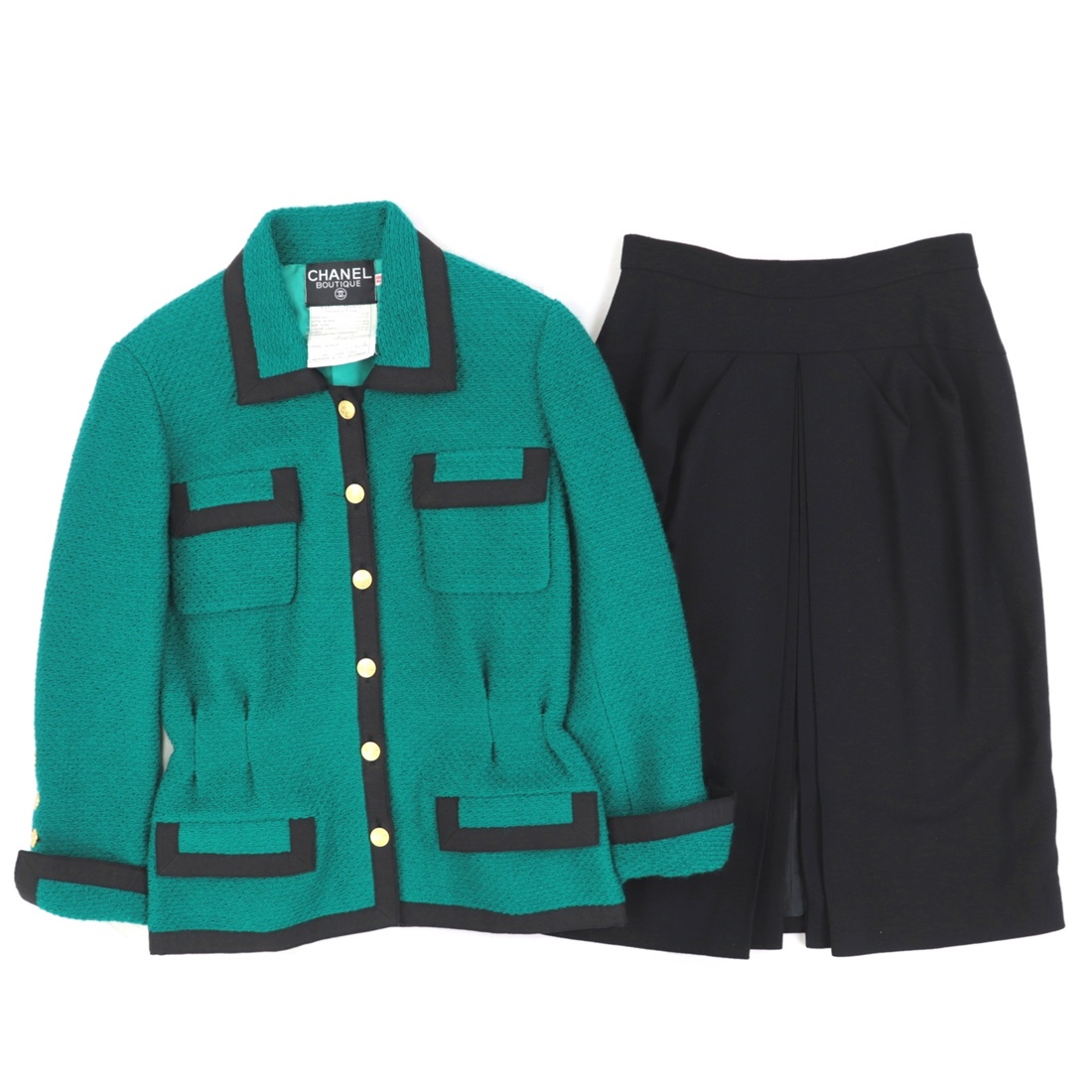 シャネル ヴィンテージ セットアップ レディース ウール 緑 黒 38 スカート スーツ ジャケット ココマークボタン グログラン CHANEL