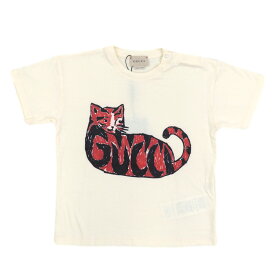 未使用 グッチ キャット ロゴプリント 半袖Tシャツ キッズ ベビー クリーム 100/56 猫 コットン GUCCI【中古】