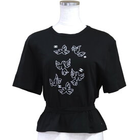 未使用 シャネル 22C 鳥刺繍 レースアップ 半袖Tシャツ レディース 黒 M ココマーク CHANEL【中古】