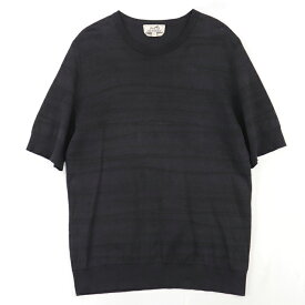 エルメス コットンニットTシャツ ランダムボーダー織 加工 カットソー メンズ 黒 M クルーネック ショートスリーブ 半袖 HERMES【中古】