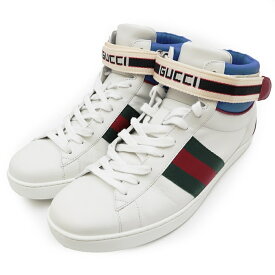 【美品】グッチ 523472 ACE stripe high-top sneaker エース ストライプ シェリーライン ハイカット ベルクロ スニーカー メンズ サイズ 8 ホワイト マルチ 白 イタリア製 GUCCI【中古】