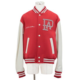 【未使用】 2024AW ミックスレザーバーシティブルゾン ダミエ エンボス レザー × ウールメルトン レジンパール LV ロゴ シグネチャー 刺繍 ストラス PA パッチ スタジャン ジャケット アウター メンズ サイズ 56 XL相当 レッド ファレル・ウィリアムス期【中古】