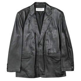 BALMAIN PARIS バルマン パリ ジャケット ラム レザー テーラード 2B ノッチドラペル フルライニング 総裏仕立て 開き見せ ノーベント アウター 替えボタン付属 メンズ サイズ L ブラック 黒 6642【中古】