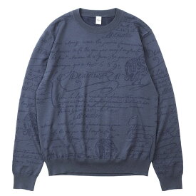 【極美品】BERLUTI PARIS ベルルッティ パリ セーター ニット スクリット カリグラフィー 総柄 ハイゲージ プルオーバー クルーネック ロングスリーブ 丸首 長袖 ウール100% トップス メンズ サイズ L ネイビー系 紺 イタリア製 R19KRL135【中古】
