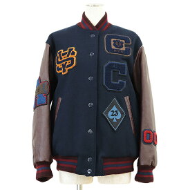 SALE【美品】COACH コーチ ジャケット フォーエバー コレクション オーバーサイズド クラシック ヴァーシティ レザー スタジャン ロゴ ナンバーリング ワッペン ビックシルエット アウター レディース サイズ XS ネイビー ブラウン 紺 茶 マルチカラー トルコ製【中古】