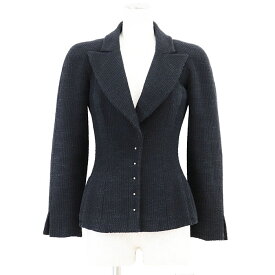 【美品】CHANEL シャネル ジャケット ツイード 02A P19721 2002AW COCOマーク ロゴ モノグラム チャーム フローラル ライニング フェイクパール ボタン ピークドラペル コットン チェーン レディース サイズ 36 ネイビー 紺 フランス製 カール・ラガーフェルド期【中古】