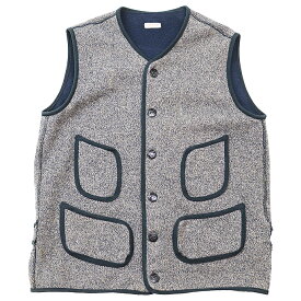 SALE【美品】KAPITAL キャピタル ビーチベスト メランジ フリースライニング 裏起毛 シグネチャー ロゴ ボタン コットン100％ ジレ メンズ サイズ 2 カーキ ネイビー 日本製 EK-472【中古】
