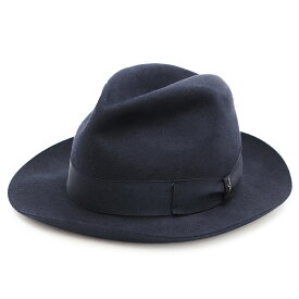 SALE【美品】Borsalino ボルサリーノ ハット フェドラ フェルト ロゴ シグネチャー プリント リボン グログラン 中折れ ソフト 帽子 箱付属 メンズ レディース ユニセックス サイズ 56 ネイビー 紺 イタリア製【中古】