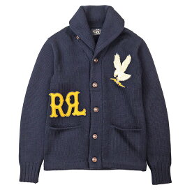 RRL ダブルアールエル カーディガン ニット ロゴ イーグル アップリケ レタード フェルト ショールカラー ローゲージ 100% ウール アウター メンズ サイズ XS ネイビー 紺【中古】