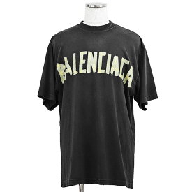 【美品】BALENCIAGA バレンシアガ Tシャツ 半袖 2022年製 テープ ロゴ プリント ダメージ加工 ビッグシルエット ショートレングス クルーネック 丸首 カットソー メンズ サイズ XS チャコール ライトイエロー 黒 黄 ポルトガル製【中古】