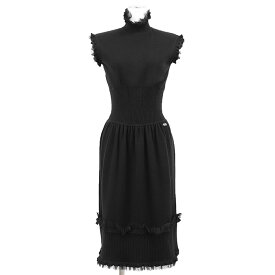 【極美品】CHANEL シャネル ワンピース ニット 06A P29053 2006年製 COCOマーク ロゴ チャーム カシミヤブレンド フリル ラッフル ハイネック タイトフィット ミディ丈 ドレス レディース サイズ 38 ブラック 黒 イタリア製 カール・ラガーフェルド期【中古】
