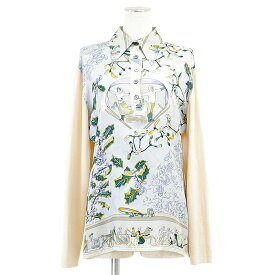 HERMES エルメス ヴィンテージ シャツ ツイルレーヌシャツ NEIGE D'ANTAN 去年の雪 ハイゲージ ニット × シルク コンビネーション プルオーバー ロングスリーブ 長袖 トップス レディース サイズ M サックスブルー イタリア製【中古】