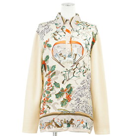【SALE】HERMES エルメス ヴィンテージ ツイルレーヌシャツ NEIGE D'ANTAN 去年の雪 ハイゲージ ニット × シルク コンビネーション プルオーバー ロングスリーブ 長袖 トップス レディース サイズ M アイボリー系 イタリア製【中古】