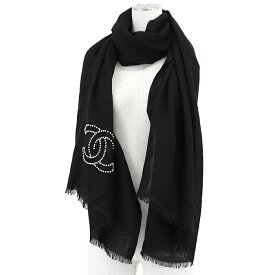 CHANEL シャネル ストール カシミヤ100% シグネチャー ロゴ COCOマーク フェイクパール フリンジ 大判 ショール 小物 パール付属 メンズ レディース ユニセックス ブラック 黒 イタリア製【中古】
