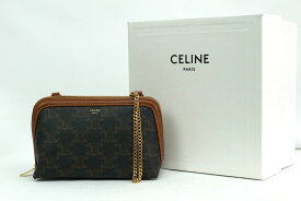 CELINE セリーヌ CHAIN CLUTCH チェーン クラッチ ショルダー ポーチ トリオンフキャンバス カーフスキン ブラウン 【中古】