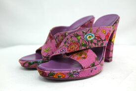 GUCCI グッチ Floral sandal フローラル サンダル パープル ピンク キャンバス レザー 34.5サイズ(約21.5cm)【中古】