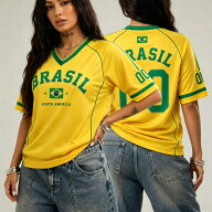 2026年 ブラジル代表サッカーTシャツ カジュアル イエローグリーンプリント Vネック 半袖 ストリートウェ…