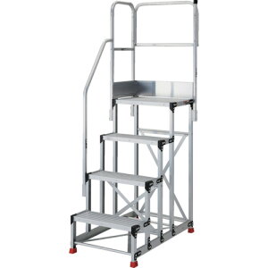 TRUSCO アルミ製作業用踏台 4段 高さ1.2m 天板寸法600×400 ステップ奥行300mm 階段片手すり天場二方付き TSF-463012-TKL300 【551-7304】