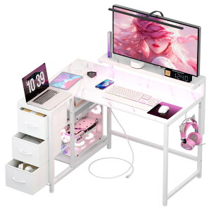 LunarLight PCパソコンデスク 幅108奥行80高さ85-108.5cm テレワーク L型デスク・左右組み換え自由 モニタ台の高さ調節可能 引き出しとコンセント付き 収納たっぷり ゲーミングデスク オフィスデ