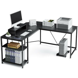 DEWEL l字デスク pcデスク ゲーミングデスク 幅150+160cm 奥行60cm 高さ75cm l字型 棚付き 収納ラック CPUスタンド モニター台 付き パソコンデスク デスク 机 コーナーデスク つくえ オフィスデスク