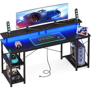 AODK ゲーミングデスク パソコンデスク コンセントLED付き 机 pcデスク 幅140/160cm 両側ラックモニター台付き 勉強机 ゲームデスク computer desk ワークデスク オフィスデスク 長机 左右入