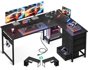 AODK ゲーミングデスク 引き出し付き パソコンデスク コンセント付き l字デスク デスク 机 幅135/155 pcデスク 棚付き コーナーデスク 収納 オフィスデスク 仕事用 在宅勤務 組立簡単