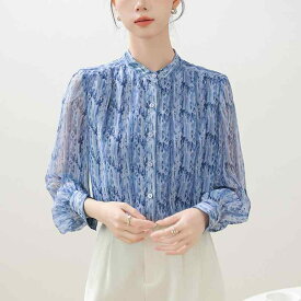 レディース シャツ トップス 通勤 私服 ブルー フレッシュフラワー プリント 立襟 長袖 雪紡 シャツ シフォン 素材 伸縮性 ワイド シルエット ランプ スリーブ 半高領 秋 春 御姐 スタイル 名媛 ゆったり フィット 軽やか レイヤ