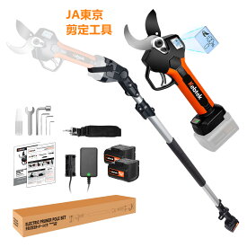 【切断径40mm、2.4m伸縮ポール付き】Kebtek 高枝切り電動剪定鋏 21V 【JA東京剪定工具】コードレス ブラシレスモーター搭載 充電式剪定鋏 引金連動機能 2000mAh大容量電池2個付属 日本語説明書付き PSEあんぜん認証取得 切断回数と残量表示ディスプレー(品番KT940-SET)