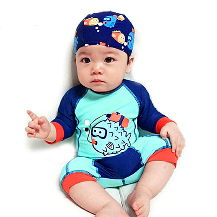 楽天市場 ダイビングフィッシュデザイン スイムウェアと水泳帽のセット ロンパースタイプ 水着 子供 キッズ ベビー用 赤ちゃん用 オールインワン 男の子 ネコポス便は送料無料 オレンジマミー