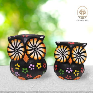 10002159 フクロウ 2サイズセット ふくろう ブラック 花柄ペイント 梟 バリ木彫り アジアン雑貨 バリ雑貨