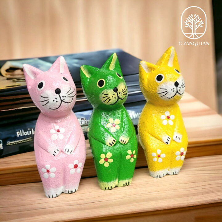 楽天市場】10001980 ネコ 猫 3カラー ピンク イエロー グリーン 木彫り 