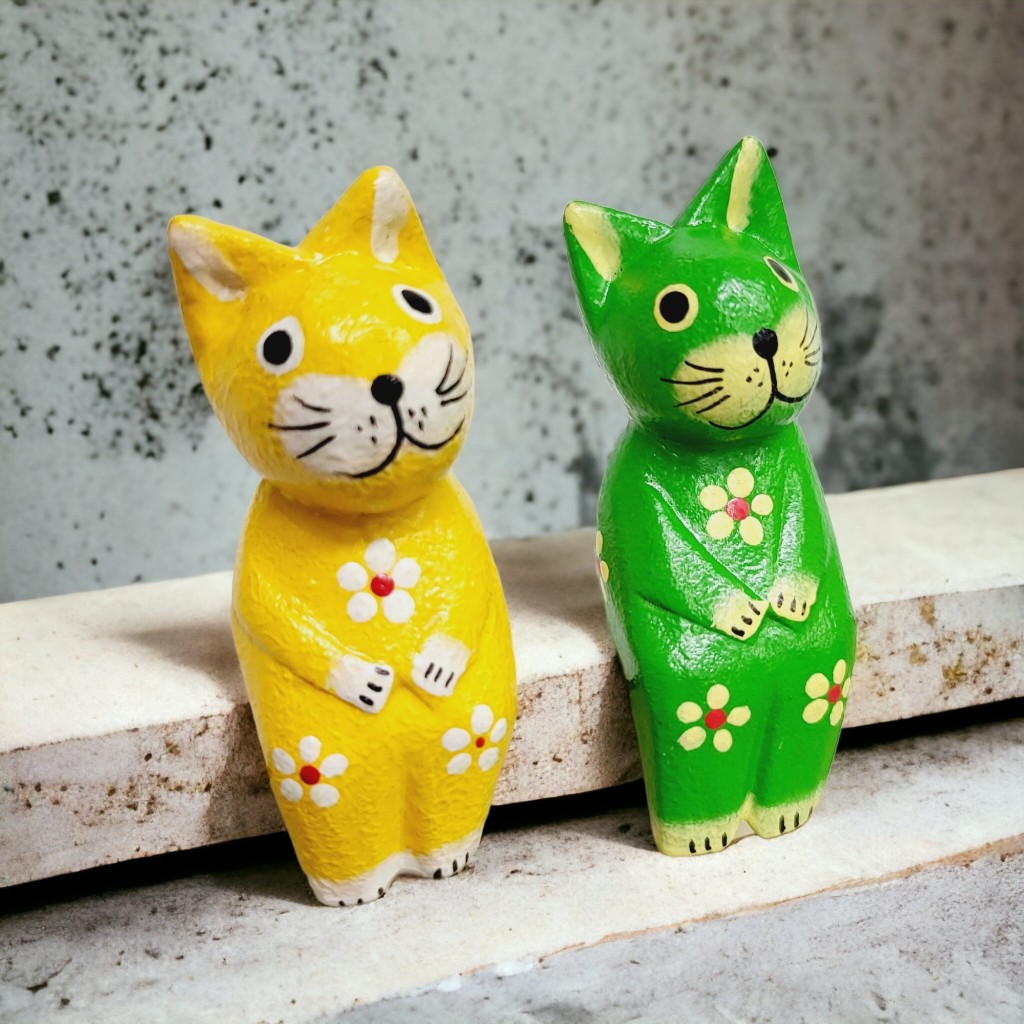 楽天市場】10002792 ネコ グリーン イエロー 花柄のネコ バリ木彫り