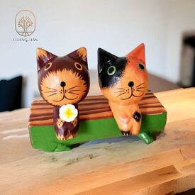 10001285　丸太ベンチのネコ　猫の置物　バリ木彫り　ねこ　アジアン雑貨　バリ雑貨