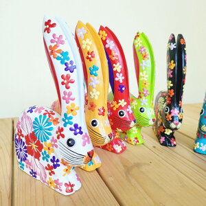 うさぎ 花柄 中サイズ ラビット 木製 アジアンインテリア ウサギの置物 エスニック雑貨 バリ島