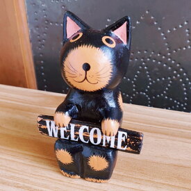10002433　バリ雑貨　ボードねこ　黒猫　ウェルカム　サンキュー　アジアン雑貨　インテリア　ネコ置物