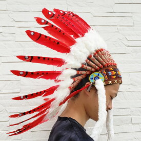 ウォーボンネット　羽根かんむり wn-1 ドット　レッド　水色　イエロー　ネイティブ　インディアン 帽子・コスプレ 羽根飾り　ハロウィン　パーティー　仮装アイテム　コスチューム
