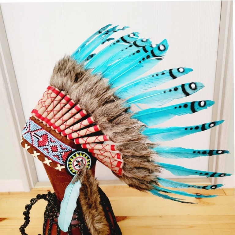 ウォーボンネット 羽根かんむり wn-14 水色　ネイティブ　インディアン 帽子・コスプレ 羽根飾り　パーティー | orangutanオランウータン