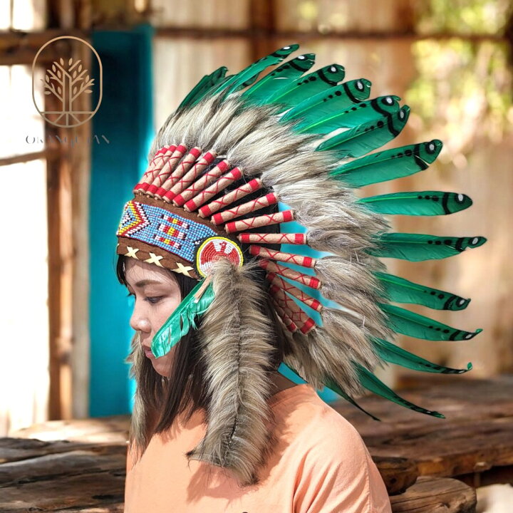 楽天市場】10000949 ウォーボンネット 羽根かんむり グリーン  