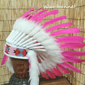 ウォーボンネット　羽根かんむり wn-5 ピンク　2種類あり　ネイティブ　インディアン 帽子・コスプレ 羽根飾り　ハロウィン