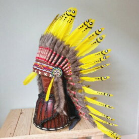 ウォーボンネット 羽根かんむり ロング　イエロー　ネイティブ　インディアン 羽根冠　羽根飾り 帽子・コスプレ　ハロウィン