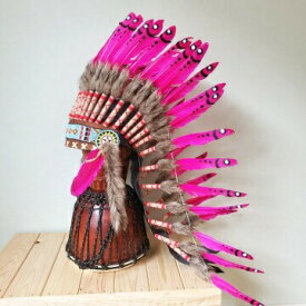 ウォーボンネット 羽根かんむり ロング　ピンク　ネイティブ　インディアン 羽根冠　羽根飾り 帽子・コスプレ　ハロウィン