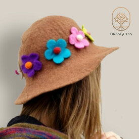 ウールハット　フェルト　花柄　帽子　ハット　フラワーアップリケ　ネパール　アジアン　仮装帽子　ハロウィン　パーティー衣装